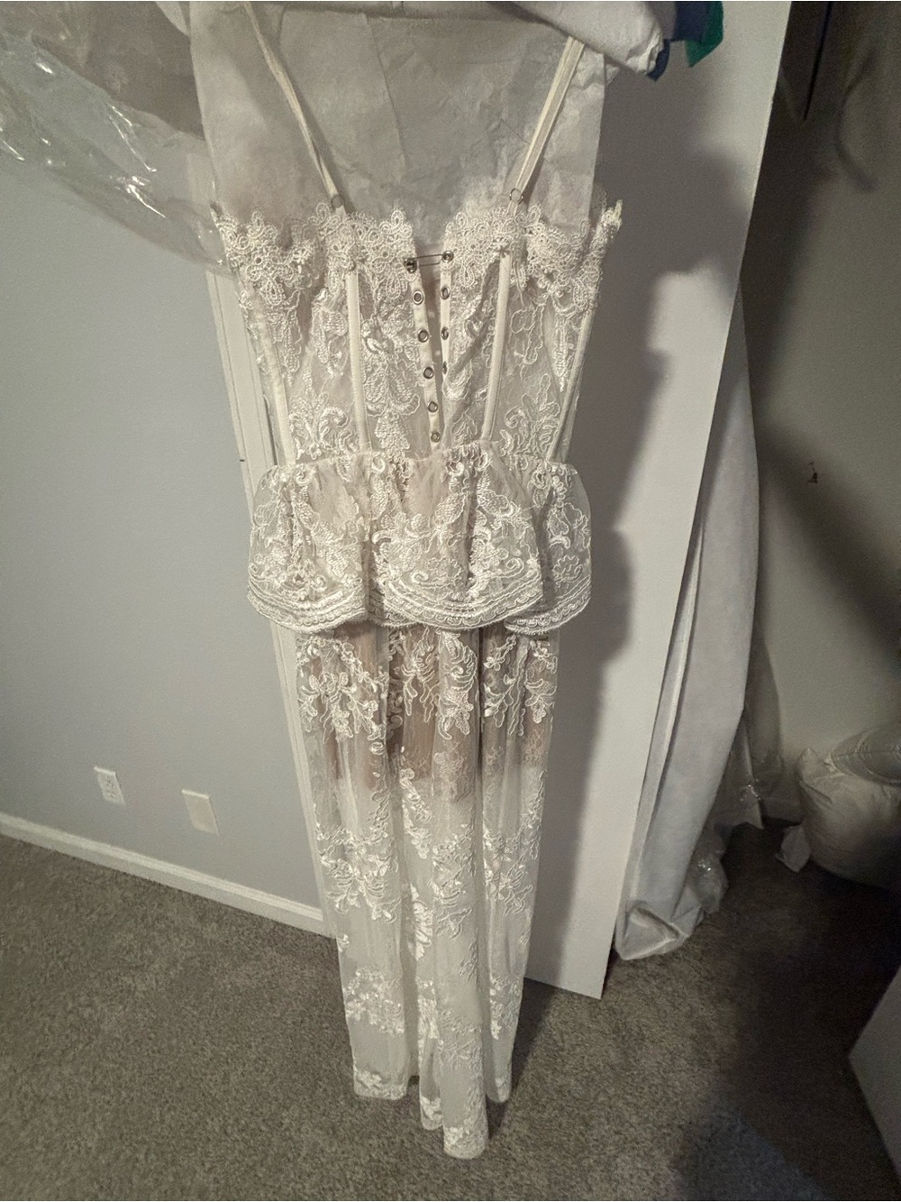 V. Chapman Ivory Lace Sheer Peplum Gown - Picture 2 of 3